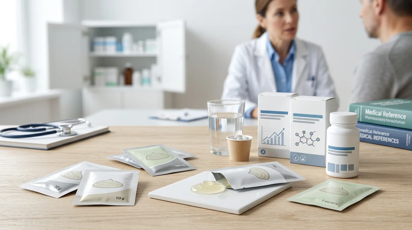 Imagen informativa de presentación oral tipo gel y productos farmacéuticos sin marca