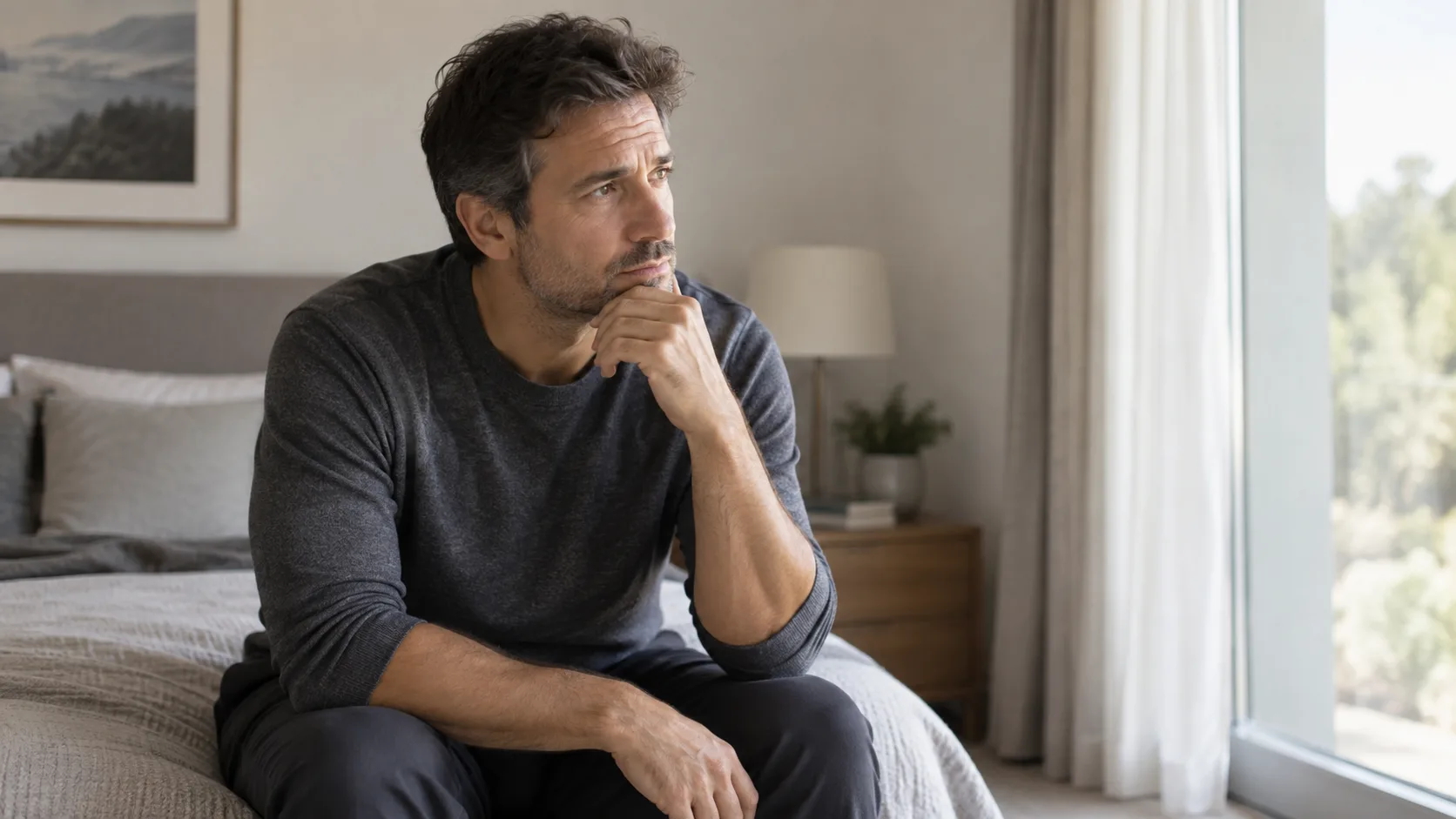 Hombre adulto en entorno tranquilo reflexionando sobre salud sexual masculina