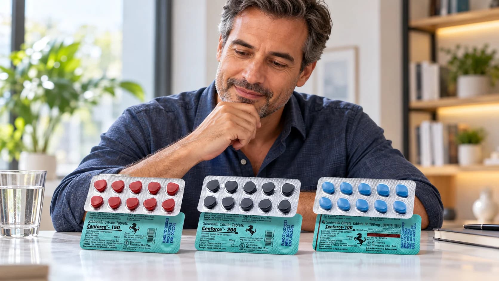 Hombre comparando opciones de Cenforce 100, 150 y 200 mg