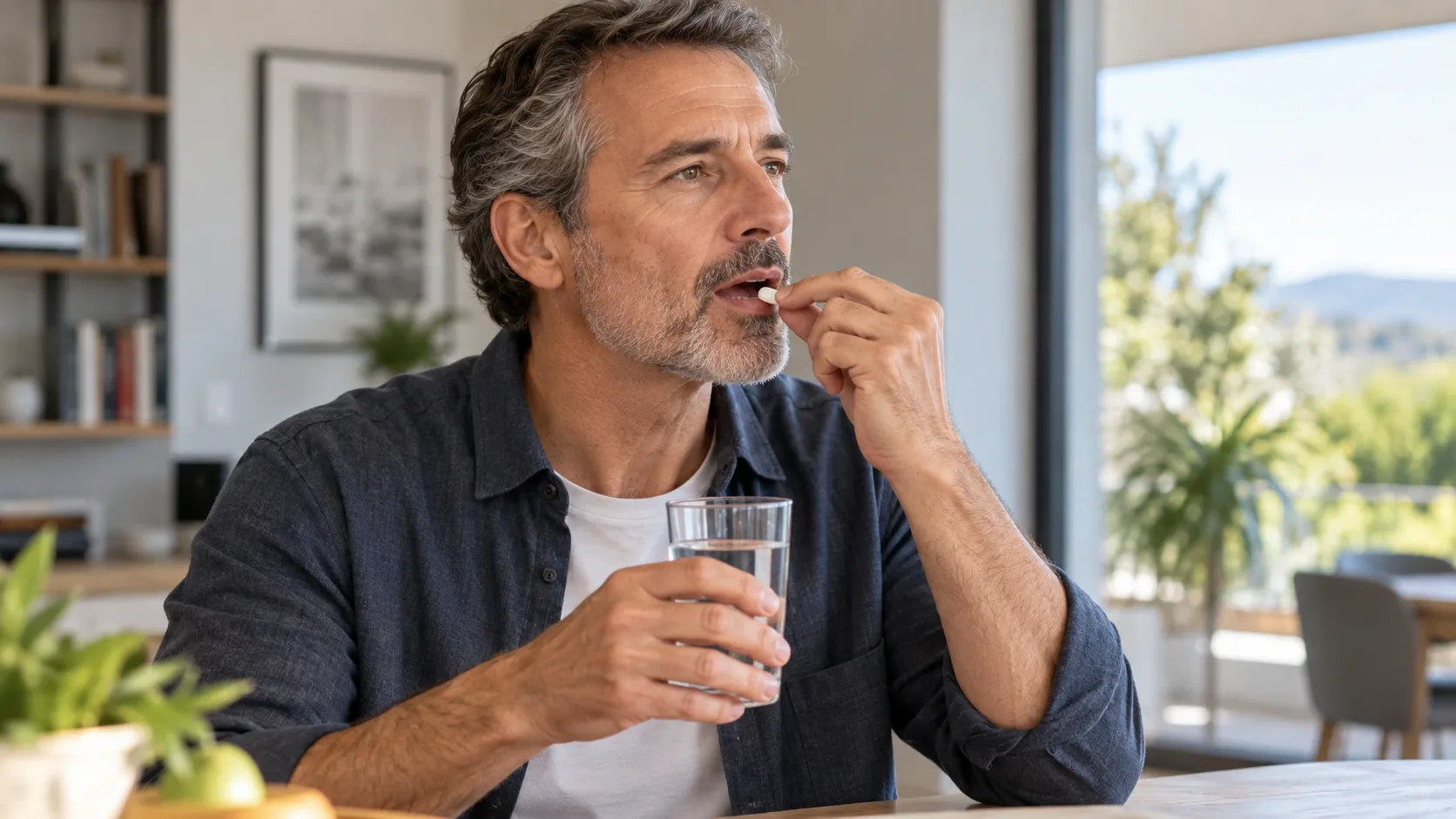 Hombre de unos 50 años tomando un comprimido con un vaso de agua en casa